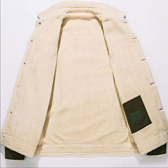 Men’s Vintage Army Green Sherpa Fleece Lined Denim Jacket - Picture 6 of 9